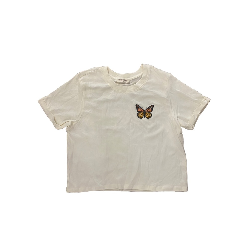 White Cropped Tee w/ Butterfly Embroidery